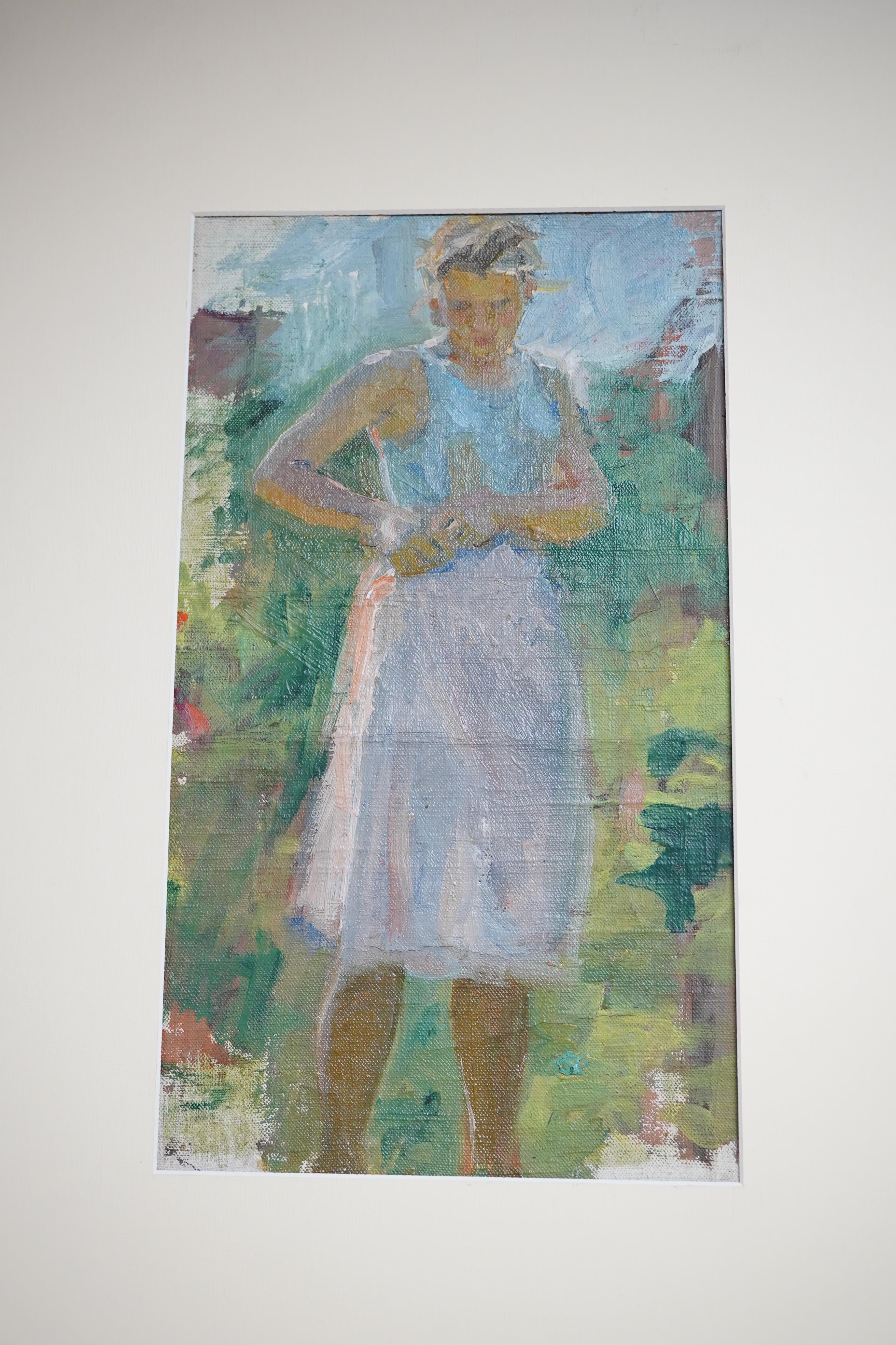 Modern British, oil on canvas board, Full length study of standing woman, 32 x 18cm. Condition - fair